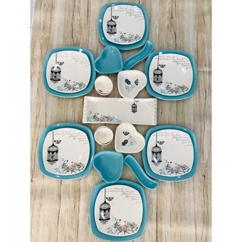 Keramika Retro Kalp-Kare Desenli 23 Parça 6 Kişilik Seramik Kahvaltı Takımı Beyaz-Mavi