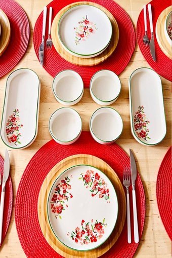 Pink&More Aster Desenli 14 Parça 6 Kişilik Seramik Kahvaltı Takımı Yeşil