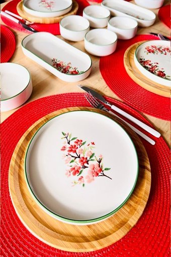 Pink&More Aster Desenli 14 Parça 6 Kişilik Seramik Kahvaltı Takımı Yeşil