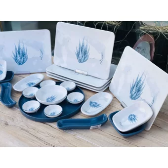 Keramika Blue Magic Kare-Yuvarlak Desenli 22 Parça 6 Kişilik Seramik Kahvaltı Takımı Çok Renkli