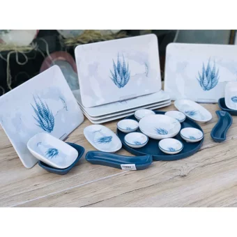 Keramika Blue Magic Kare-Yuvarlak Desenli 22 Parça 6 Kişilik Seramik Kahvaltı Takımı Çok Renkli