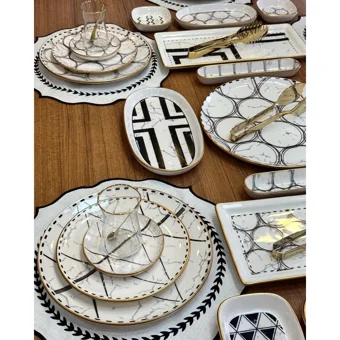 Md Mimoza Dekor Feza Desenli 52 Parça 6 Kişilik Stoneware Kahvaltı Takımı Beyaz