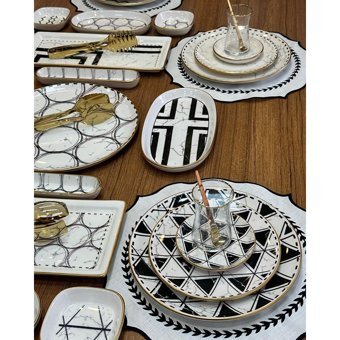 Md Mimoza Dekor Feza Desenli 52 Parça 6 Kişilik Stoneware Kahvaltı Takımı Beyaz