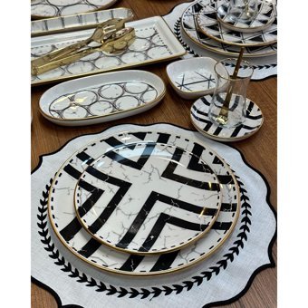 Md Mimoza Dekor Feza Desenli 52 Parça 6 Kişilik Stoneware Kahvaltı Takımı Beyaz