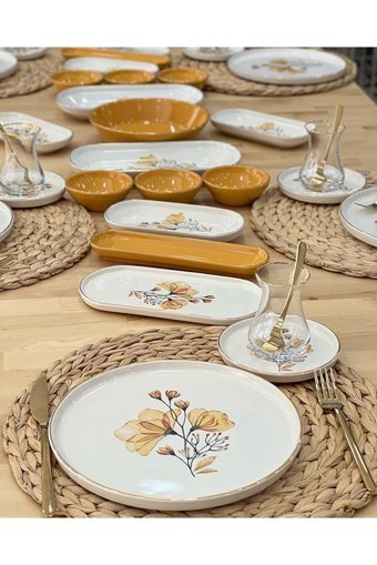 Onedekor Modern Lizy Desenli 41 Parça 6 Kişilik Porselen Kahvaltı Takımı Sarı