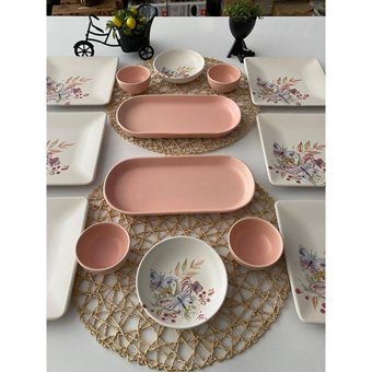 Keramika Kelebek Desenli 14 Parça 6 Kişilik Seramik Kahvaltı Takımı Beyaz-Pembe