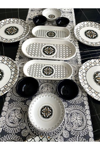 Venüs Home Decoratıon Liva Desenli 15 Parça 6 Kişilik Seramik Kahvaltı Takımı Beyaz- Siyah