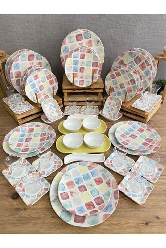 Demet Çeyiz Colors Yuvarlak Desenli 60 Parça 12 Kişilik Stoneware Kahvaltı Takımı Çok Renkli