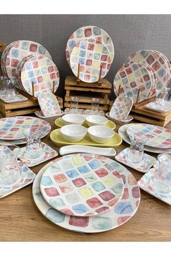 Demet Çeyiz Colors Yuvarlak Desenli 60 Parça 12 Kişilik Stoneware Kahvaltı Takımı Çok Renkli