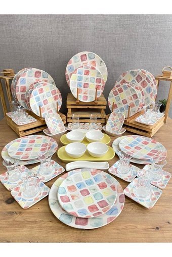 Demet Çeyiz Colors Yuvarlak Desenli 60 Parça 12 Kişilik Stoneware Kahvaltı Takımı Çok Renkli