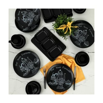 Keramika Tea & Desert Desenli 26 Parça 6 Kişilik Seramik Kahvaltı Takımı Siyah