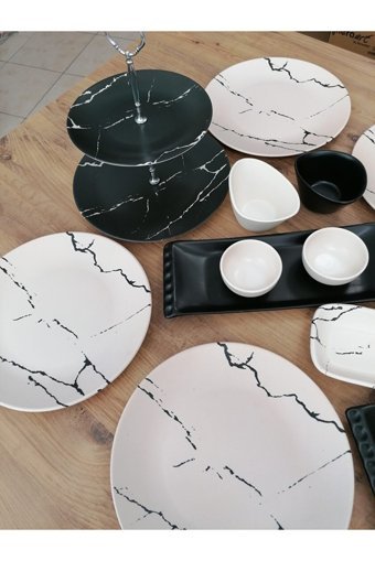 Keramika Mat Krem Mermer 19 Parça 6 Kişilik Seramik Kahvaltı Takımı Beyaz-Siyah