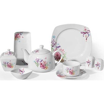 Korkmaz Bonjour A8617 Desenli 30 Parça 6 Kişilik Porselen Kahvaltı Takımı Beyaz