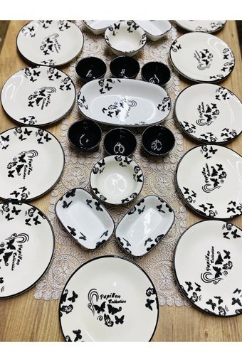 Venüs Home Decoratıon Kelebek Desenli 25 Parça 12 Kişilik Seramik Kahvaltı Takımı Siyah