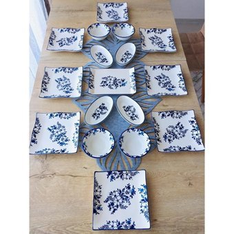 Venüs Home Yasemin Desenli 17 Parça 8 Kişilik Seramik Kahvaltı Takımı Mavi