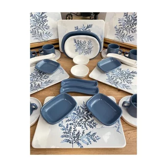 Keramika Blue Magic19862 Kare Desenli 30 Parça 6 Kişilik Seramik Kahvaltı Takımı Beyaz-Mavi