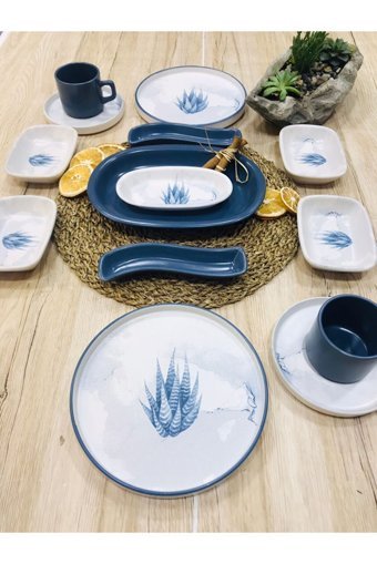 Pembişmutfağım Blue Magic Desenli 14 Parça 2 Kişilik Seramik Kahvaltı Takımı Mavi