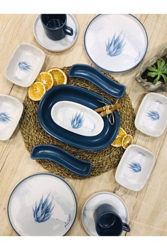 Pembişmutfağım Blue Magic Desenli 14 Parça 2 Kişilik Seramik Kahvaltı Takımı Mavi