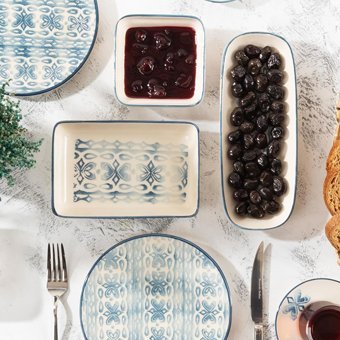 Blue Branch Desenli Yuvarlak Desenli 24 Parça 6 Kişilik Stoneware Kahvaltı Takımı Mavi