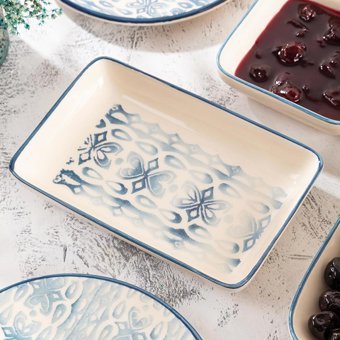 Blue Branch Desenli Yuvarlak Desenli 24 Parça 6 Kişilik Stoneware Kahvaltı Takımı Mavi