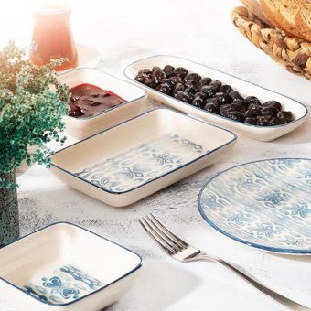 Blue Branch Desenli Yuvarlak Desenli 24 Parça 6 Kişilik Stoneware Kahvaltı Takımı Mavi