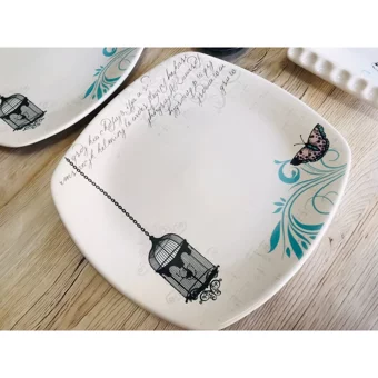 Keramika Retro Kalp-Kare Desenli 18 Parça 6 Kişilik Seramik Kahvaltı Takımı Beyaz