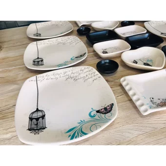 Keramika Retro Kalp-Kare Desenli 18 Parça 6 Kişilik Seramik Kahvaltı Takımı Beyaz