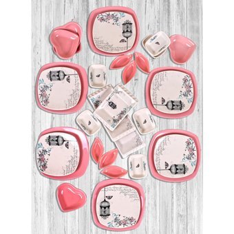 Keramika Retro Desenli 33 Parça 6 Kişilik Seramik Kahvaltı Takımı Beyaz-Pembe