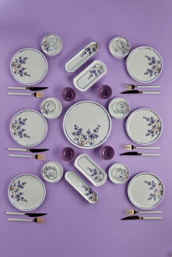 Erbaşlar Sakura Yuvarlak Desenli 21 Parça 6 Kişilik Seramik Kahvaltı Takımı Mor