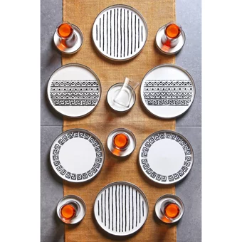 Kitchen Life Stackable Siosavior Desenli 18 Parça 6 Kişilik Seramik Kahvaltı Takımı Beyaz-Siyah