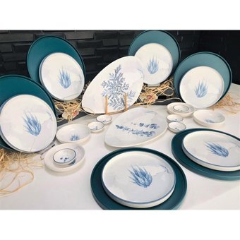 Keramika Blue Oval-Yuvarlak Desenli 24 Parça 6 Kişilik Seramik Kahvaltı Takımı Beyaz-Mavi
