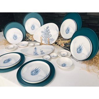 Keramika Blue Oval-Yuvarlak Desenli 24 Parça 6 Kişilik Seramik Kahvaltı Takımı Beyaz-Mavi