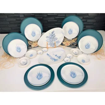Keramika Blue Oval-Yuvarlak Desenli 24 Parça 6 Kişilik Seramik Kahvaltı Takımı Beyaz-Mavi