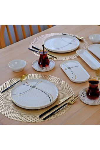 Glore Yaldızlı Yuvarlak Desenli 32 Parça 6 Kişilik Seramik Kahvaltı Takımı Altın