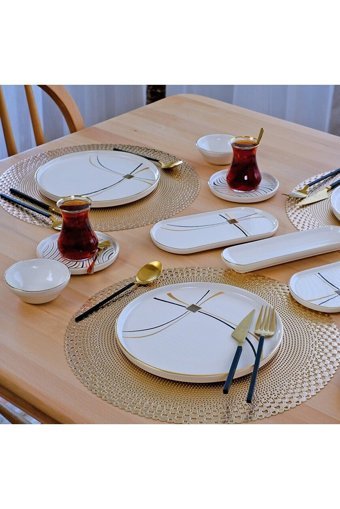 Glore Yaldızlı Yuvarlak Desenli 32 Parça 6 Kişilik Seramik Kahvaltı Takımı Altın