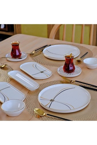 Glore Yaldızlı Yuvarlak Desenli 32 Parça 6 Kişilik Seramik Kahvaltı Takımı Altın