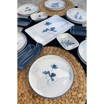 Keramika Blue Magic Kare-Yuvarlak Desenli 13 Parça 6 Kişilik Seramik Kahvaltı Takımı Beyaz