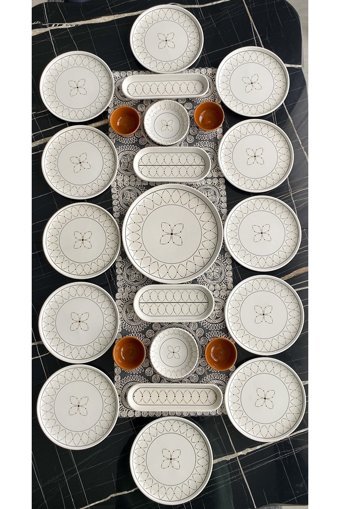 Venüs Home Decoratıon Gold Elips Desenli 23 Parça 12 Kişilik Seramik Kahvaltı Takımı Beyaz