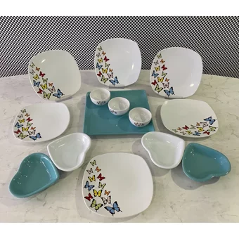Keramika Dance Of Butterfly Kalp-Kare Desenli 14 Parça 6 Kişilik Seramik Kahvaltı Takımı Beyaz-Mavi