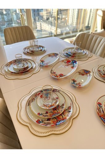 Poncik Pazar Desenli 34 Parça 6 Kişilik Cam Kahvaltı Takımı Beyaz