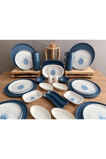 Demet Çeyiz Blue Magic Yuvarlak Desenli 34 Parça 6 Kişilik Porselen Kahvaltı Takımı Mavi