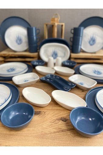Demet Çeyiz Blue Magic Yuvarlak Desenli 34 Parça 6 Kişilik Porselen Kahvaltı Takımı Mavi