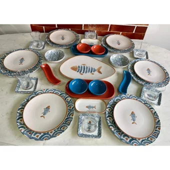 Keramika Koi Kare-Oval Desenli 37 Parça 6 Kişilik Seramik Kahvaltı Takımı Çok Renkli