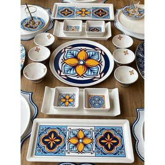 Rossev Toscana Yuvarlak Desenli 50 Parça 6 Kişilik Porselen Kahvaltı Takımı Beyaz- Mavi
