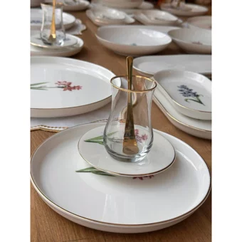 Rossev All Day Pure Fleur Desenli 59 Parça 6 Kişilik Porselen Kahvaltı Takımı Beyaz