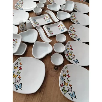Keramika Kelebek Desenli 32 Parça 12 Kişilik Seramik Kahvaltı Takımı Beyaz