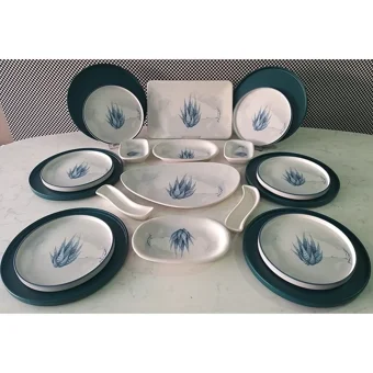 Keramika Stackable Oval-Yuvarlak Desenli 20 Parça 6 Kişilik Seramik Kahvaltı Takımı Beyaz-Mavi