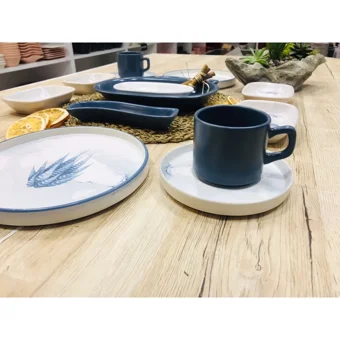 Keramika Blue Magic Yuvarlak Desenli 14 Parça 2 Kişilik Seramik Kahvaltı Takımı Beyaz-Mavi