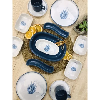 Keramika Blue Magic Yuvarlak Desenli 14 Parça 2 Kişilik Seramik Kahvaltı Takımı Beyaz-Mavi