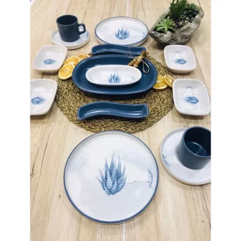 Keramika Blue Magic Yuvarlak Desenli 14 Parça 2 Kişilik Seramik Kahvaltı Takımı Beyaz-Mavi